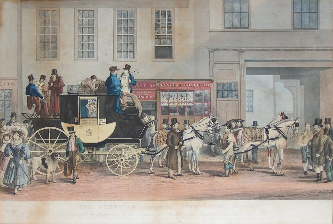 Aquatint - The Blenheim, leaving the Star Hotel, Oxford. - Havell